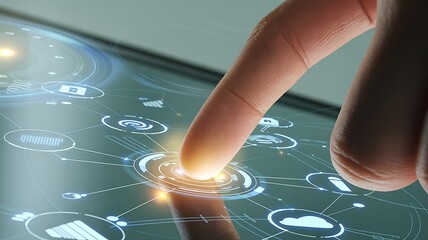 Finger touching glowing digital interface with interconnected icons