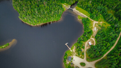 Obraz premium Aerial view of a beautiful and wild fishing lakei n the province of Quebec, Canada