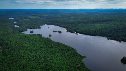 Aerial view of a beautiful and wild fishing lakei n the province of Quebec, Canada