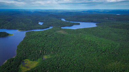 Aerial view of a beautiful and wild fishing lakei n the province of Quebec, Canada