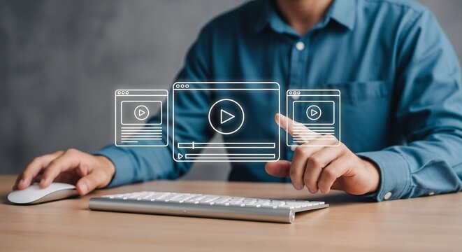 A person sitting at a desk with a keyboard and mouse, interacting with a holographic interface of three video player windows.