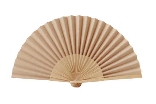 Beige paper fan, closed, centered, and isolated