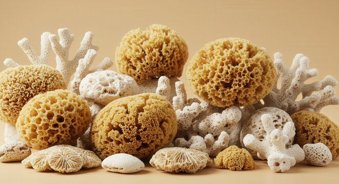Natural sea sponges and coral on a beige background  