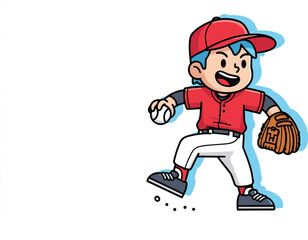 Cartoon baseball player in red uniform throwing ball, kid athlete illustration, youth sports action pose