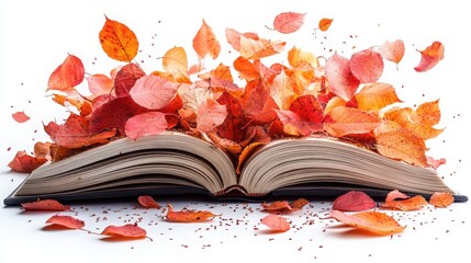 Open Book Surrounded by Colorful Autumn Leaves in Motion