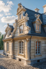 Fototapeta premium exterior medieval architecture in europe with earth tone texture and blue trim under sunny blue sky old building facade view exterior design wallpaper background