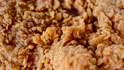 Close up of crispy, golden brown, spicy fried chicken