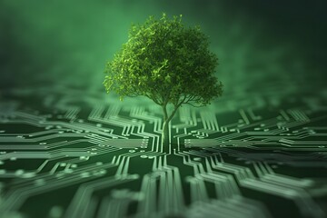 Digital Ecosystem: A symbolic merging of nature and technology is displayed in a stunning visual, featuring a vibrant tree flourishing amidst the intricate pathways of a circuit board.
