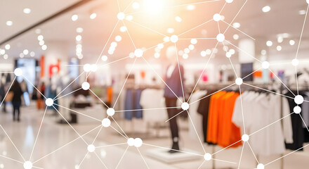 Retail Clothing Store Blurry Background with Sunlight and Mannequin Displays Overlaid by Connected White Network of Dots