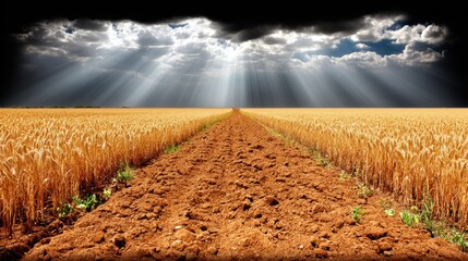 Golden wheat field with a dirt path under dramatic cloudy sky and sun rays breaking through