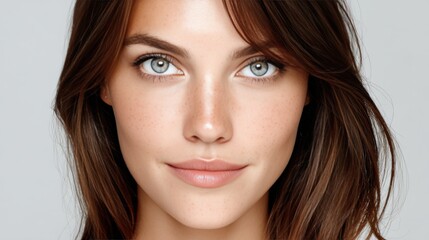 Naklejka premium Close-up of a woman with clear skin and striking blue eyes looking directly at the camera