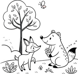 Cute vector cartoon of a cat and a dog in a tree with a heart drawing