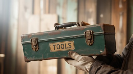 Person holding vintage green metal toolbox with tools label