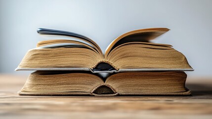 Two Open Vintage Books on Wooden Table, Close-Up Perspective