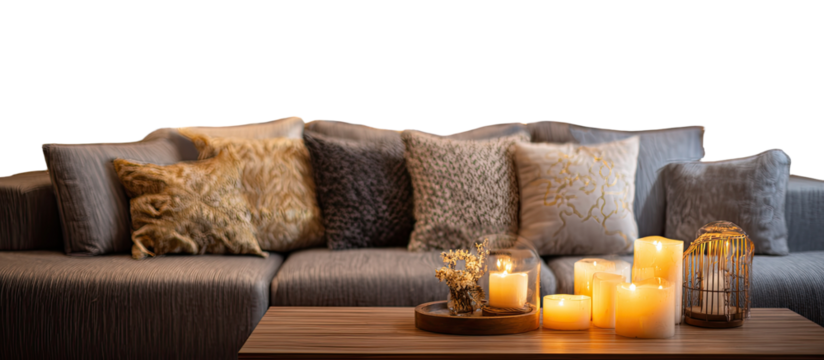 Cozy living room scene with decorative pillows and candles on a coffee table