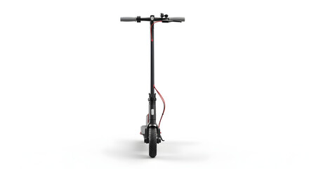 Obraz premium Sleek Black Electric Scooter Standing on White Background Featuring Red Accents in a Minimalist Design