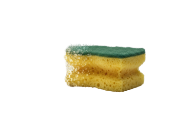 A well-worn, faded yellow kitchen sponge disintegrating into glowing cubic digital pixels on a seamless transparent studio background, no harsh shadows, concept of digital transformation and decay