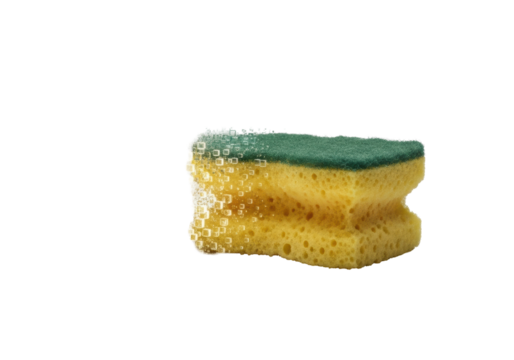 A well-worn, faded yellow kitchen sponge disintegrating into glowing cubic digital pixels on a seamless transparent studio background, no harsh shadows, concept of digital transformation and decay