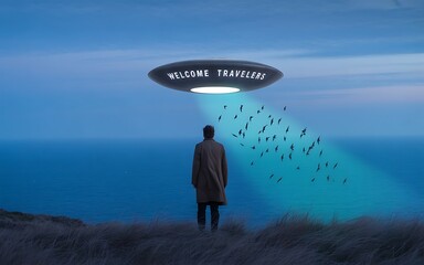 Man standing under ufo with welcome travelers sign