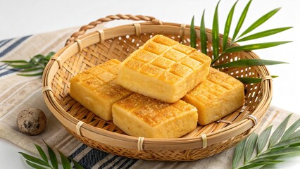 Neatly arranged briks in a traditional basket set on a woven mat with green leaves