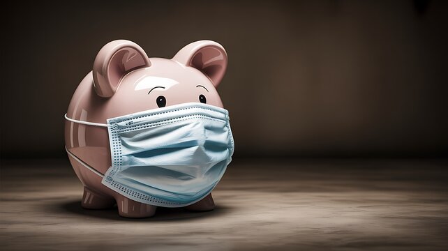 Piggy bank wearing a medical face mask on a wooden surface - Powered by Adobe