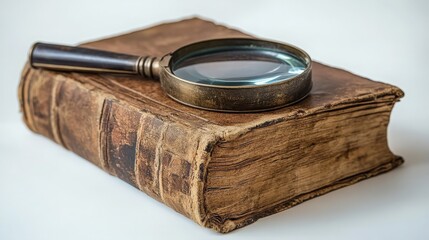 Vintage Leather Bound Book with Magnifying Glass on White Background