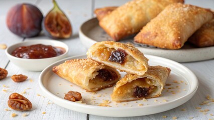 Briouats filled with fig and nuts on a white plate with accompanying fruit and sauce presented on a rustic wooden table