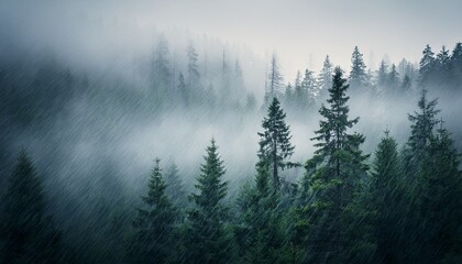 moody forest landscape with fog and mist
