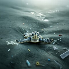 Obraz premium Sea turtle swims in ocean pollution plastic trash
