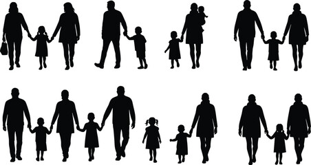 Silhouettes of parents walking with children, holding hands, family togetherness