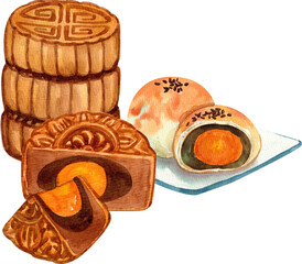 Watercolor Illustration of Mooncake Dessert