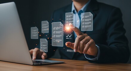 detailed professional high quality Businessman Working on Laptop with Virtual Checklists