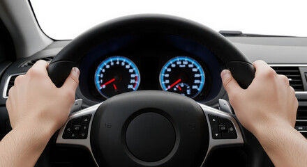 Ai generated image of hands on car steering wheel with glowing dashboard gauges isolated on transparent background