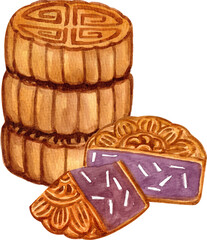 Watercolor Illustration of Mooncake Dessert