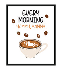 Hand drawn coffee art. Trendy. Coffee drinks cup design. Design for poster, stickers, cards