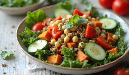 Colorful plant-based meal on table featuring a chickpea and sweet potato salad.