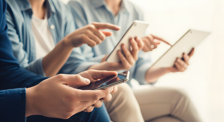 Fototapeta premium Three People Using Mobile Devices Including a Smartphone and Two Tablets with Modern Technology in Blue and White Shirts