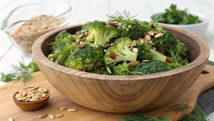 Fototapeta premium Fresh broccoli salad with seeds and herbs served in a rustic wooden bowl on a light kitchen table
