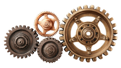 Interlocking gears of various sizes and tones,  showing  complex mechanical  interplay.  Bronze and dark metal gear teeth are visible.  Close-up studio shot