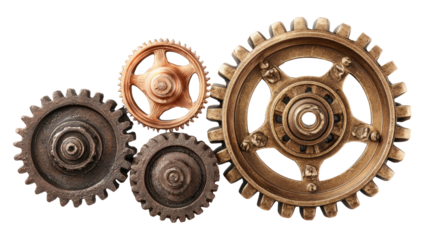 Interlocking gears of various sizes and tones,  showing  complex mechanical  interplay.  Bronze and dark metal gear teeth are visible.  Close-up studio shot