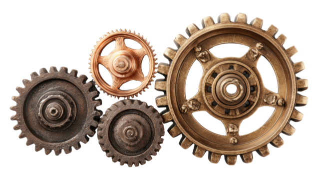Interlocking gears of various sizes and tones,  showing  complex mechanical  interplay.  Bronze and dark metal gear teeth are visible.  Close-up studio shot
