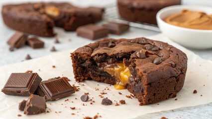 Half eaten brownie reveals gooey center and chocolate chunks on a light countertop
