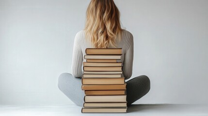 Woman with Long Hair Sitting on Floor Surrounded by Stacked Books