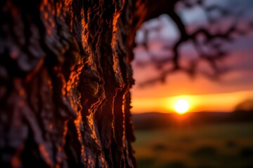 Textured Tree Bark Against Vibrant Sunset Sky