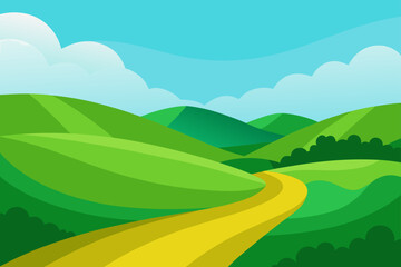 Obraz premium Vibrant green rolling hills with a winding yellow path under a blue sky