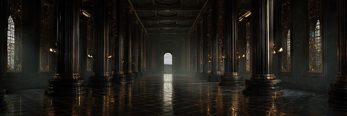 Grand, dark hall with ornate columns and arched doorway