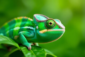 Fototapeta premium Vibrant Green Chameleon Perched on Lush Leaf