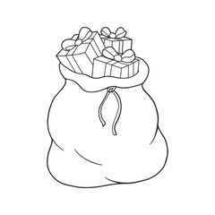 Santa's sack full of gifts outline. Christmas holiday symbol with present boxes and bows. Simple black line art coloring page, vector illustration isolated on a white background.
