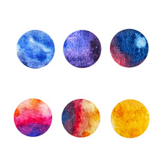 Textures watercolor. Set watercolor textures of blue, purple and yellow tones. Watercolor samples of different shades of blue on a white background in round, demonstrating color variations and texture