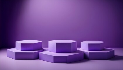 three hexagonal podiums on a purple background empty mockup space in the middle with a violet color scheme